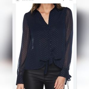 Bardot navy button down with tie and silver polka-dot embellishment
